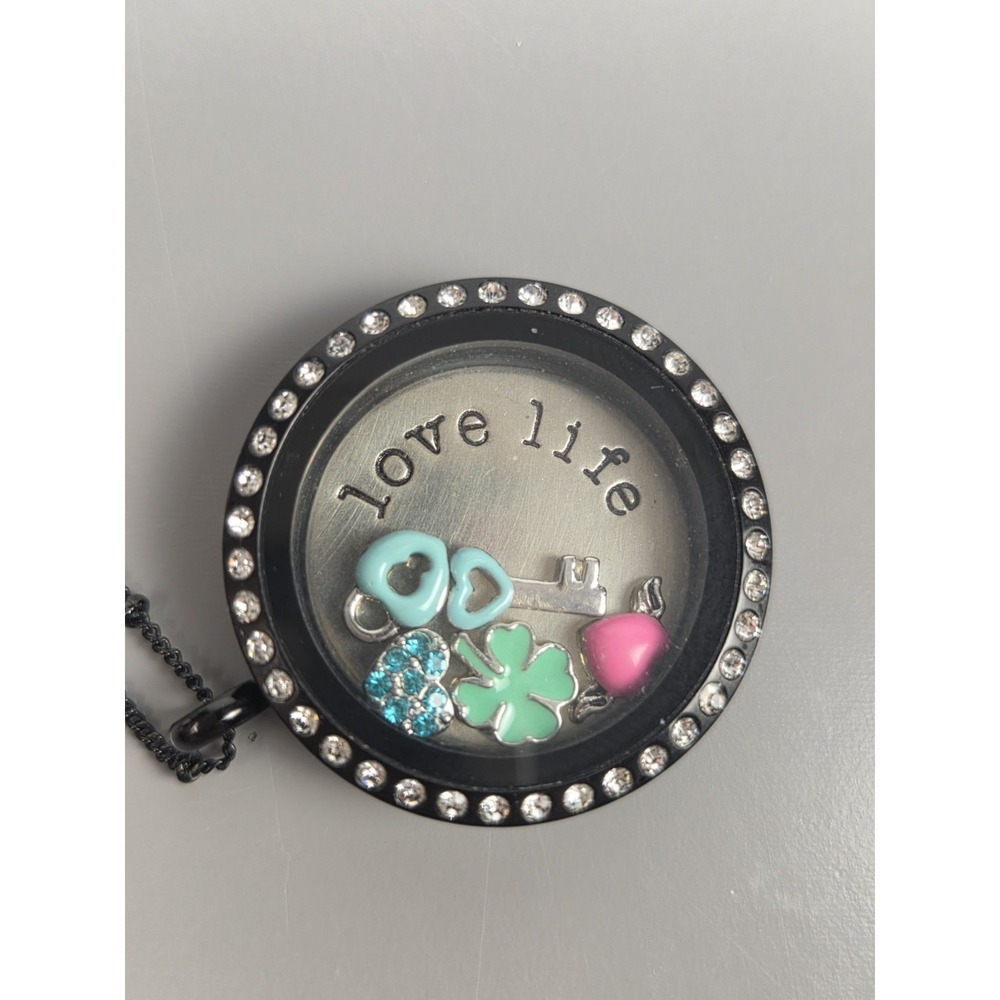 Origami Owl Pendant Necklace w/ 5 Charms Black Rhinestones 16-18" - Picture 3 of 4